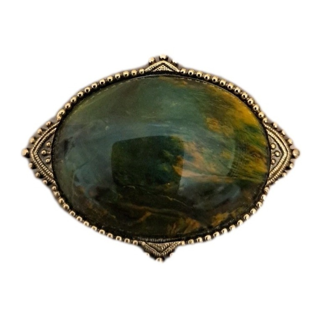 Vintage Goldtone Oval Brown Green Marbled Lucite Cabochon Brooch Pin